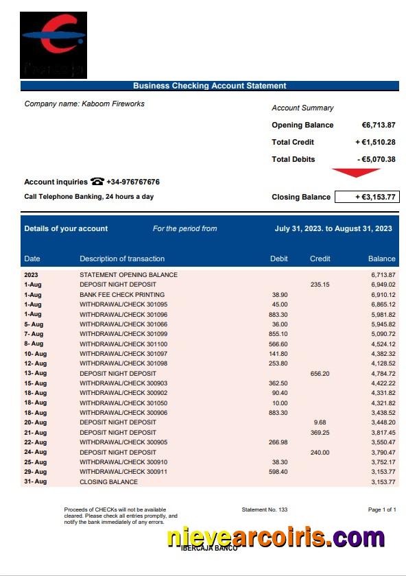 Ibercaja Bank firm account statement